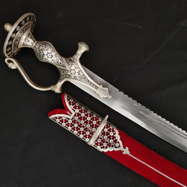 Vintage Indian Royal Sikh Rajput Shamshir sword with silver koftgiri work and steel blade
