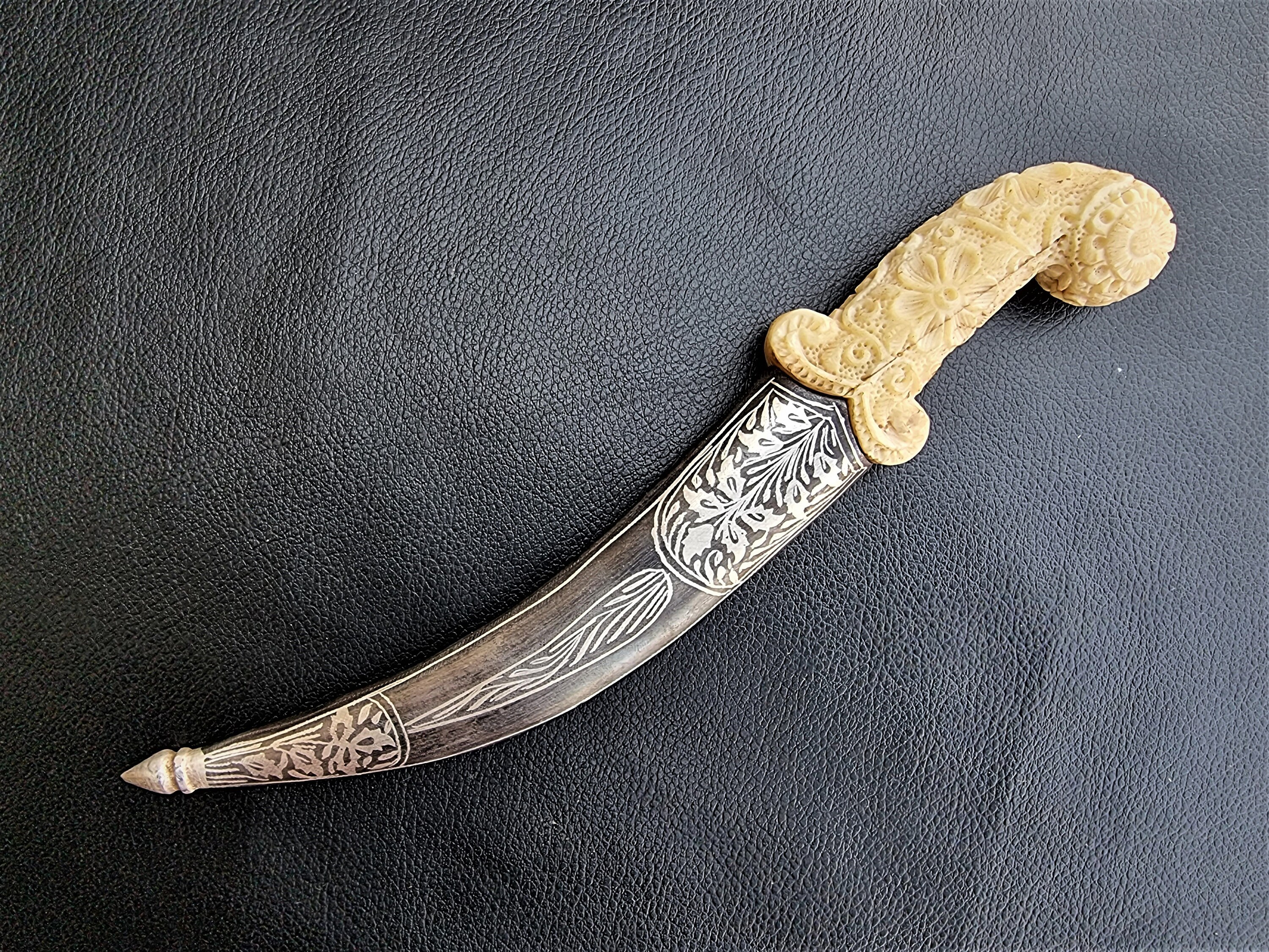 Vintage Old Indo Persian Mughal Flower Carved Bone Handle Dagger With ...