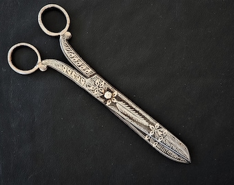 Antique handmade damascus steel Scissor with silver damascened work