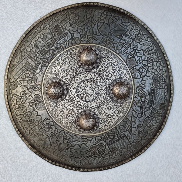 Vintage large mughal steel engraved shikar hunting jungle Silver floral koftgari  shield dhal