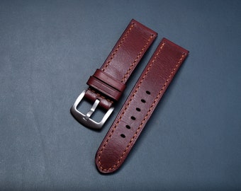 Classic leather watch strap made from a Burgundy Buttero leather