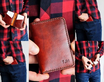 Slim bifold leather wallet hand stitched from a High Quality Full Grain leather, perfect for a front pocket.