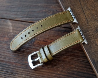 Classic Apple Watch flat leather strap made from Olive Ponte leather.