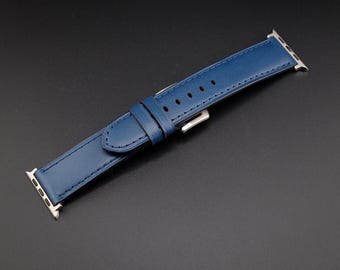 Leather Apple Watch Strap, Hand-Stitched Navy Blue Buttero Band
