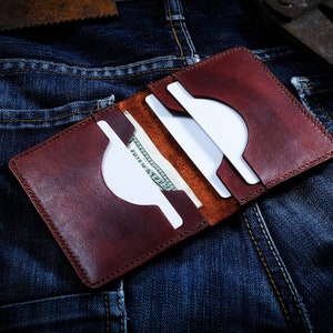 Carteira de couro pequena, carteira dupla, carteira fina, carteira de 5 bolsos, carteira minimalista, carteira de couro masculina, carteira de presente, porta-cartões de couro.5