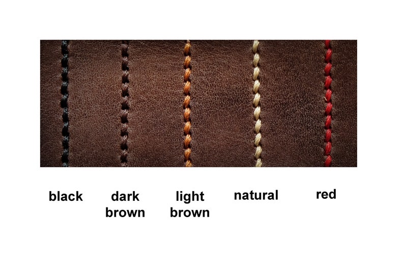 May include: Close-up of five leather swatches with different coloured stitching. The stitching colours are black, dark brown, light brown, natural, and red.