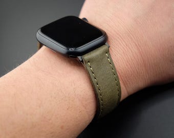 Pueblo Green Leather Apple Watch Strap, Hand-Stitched Band