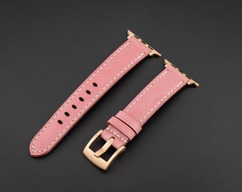 Leather Apple Watch Strap, Hand-Stitched Pink Tempesti Leather Band