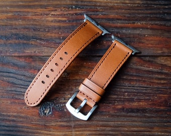Apple Watch strap made with an Italian light brown strap.