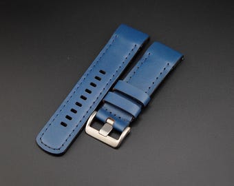 Handmade Blue Buttero Leather, Garmin Quick Fit Watch Band, Full Grain, Vegetable Tanned, Custom Sizes and Personalization