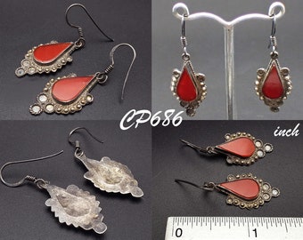 Very Old Turkoman Badge Red Carnelian Stone Silver Dangle Earrings #CP686c