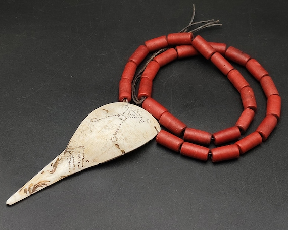 AUTHENTIC Nagaland Red Glass Beads & Conch Shell … - image 1
