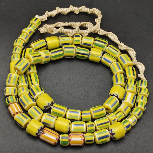 Collectible Venetian Glass Yellow Chevron African Trade 5 Layer Beads Strand #CP929c