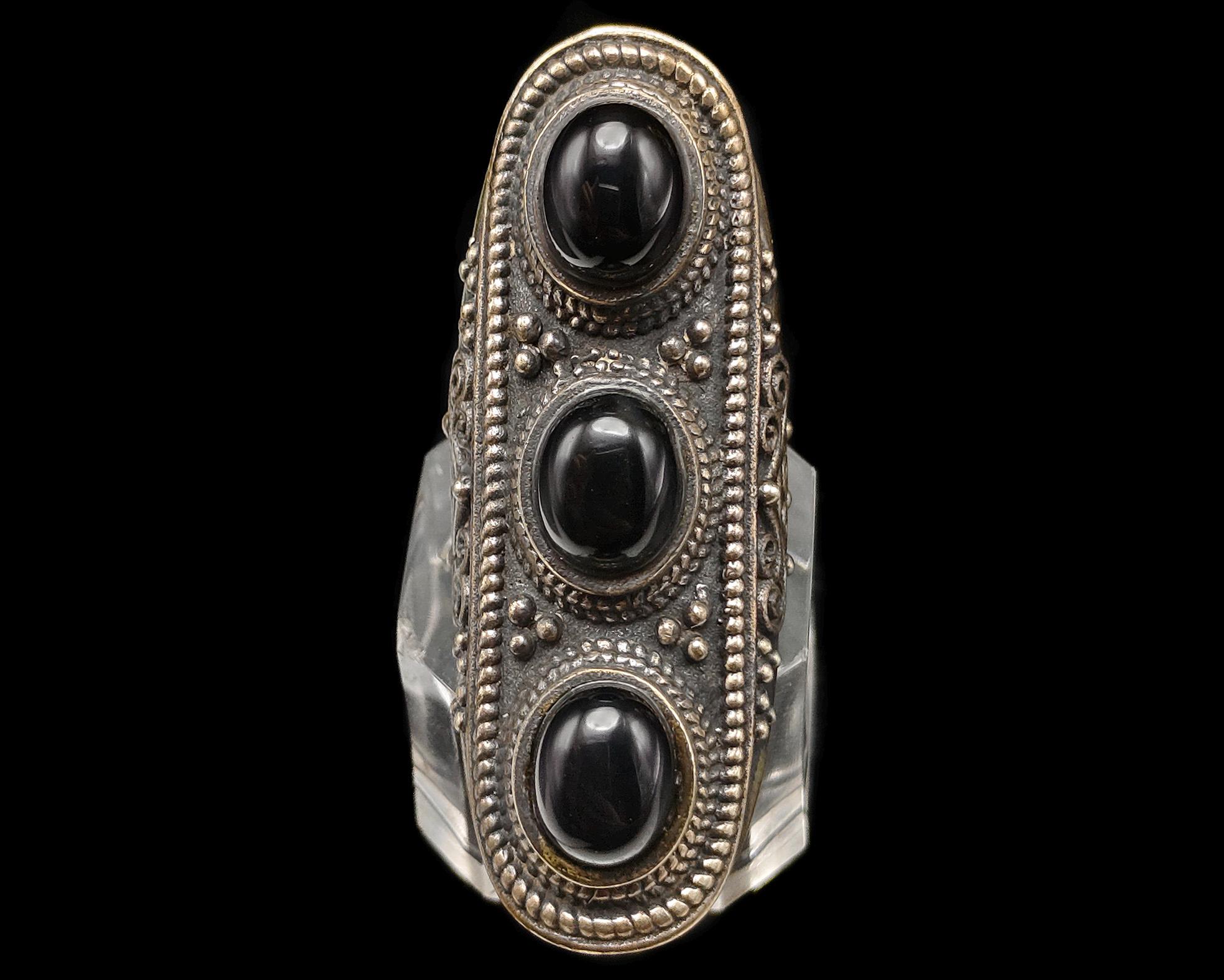 Vintage Medieval Shield Long Black Onyx Filigree Sterling
