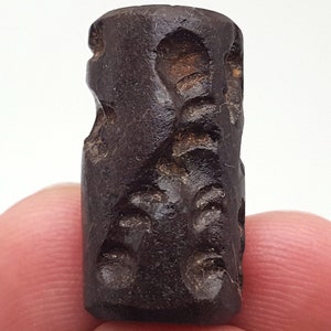 May include: A dark brown cylindrical seal with intricate carvings. The seal is made of a hard, smooth material and has a slightly rounded top and bottom.