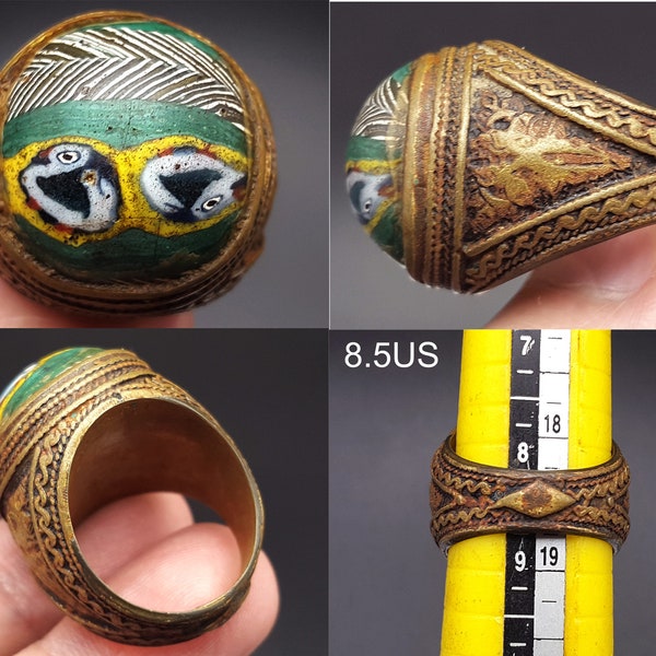 Byzantine Roman Art 2 Duck Bird Islamic Mosaic Glass Bronze Ring 9.5 US #B45c