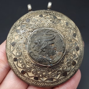 Wonderful Ancient Stunning Roman King Face Intaglio Agate Silver Mix Pendant #CP294c