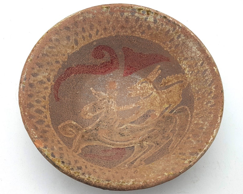 6" Wonderful Bowl Persian Islamic Pottery Centuar & Horse Stoneware Designs Terracotta #CP242c image 2