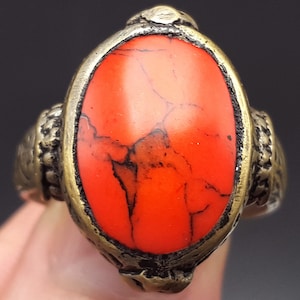 Wonderful Medieval Red Agate Stone Silver Crown Filigree Ring Size 9 US #CP688c