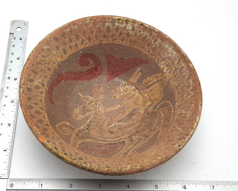 6" Wonderful Bowl Persian Islamic Pottery Centuar & Horse Stoneware Designs Terracotta #CP242c image 5