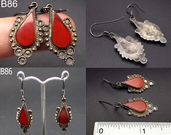 Very Old Turkoman Badge Red Carnelian Stone Silver Dangle Earrings #B86c