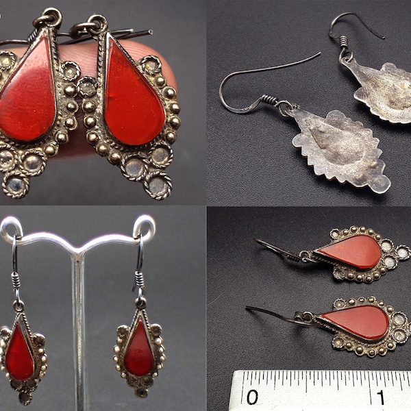 Very Old Turkoman Badge Red Carnelian Stone Silver Dangle Earrings #B86c