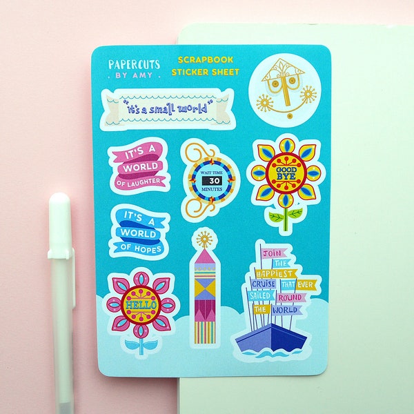 Small World - Mini A6 Sticker Sheet | 9 Stickers | Theme Park Stickers | Scrapbook Stickers | Planner Stickers | Journal Stickers