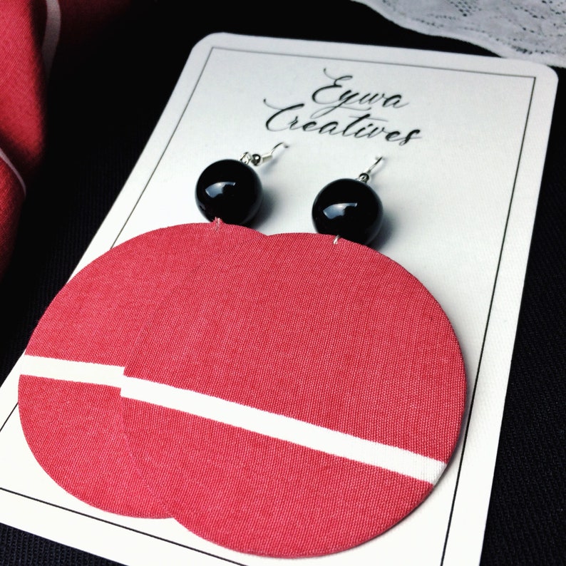Statement Earrings Chic Earrings Hoop Earrings Circle Fabric Earrings dark orange with a white stripe and a black bead