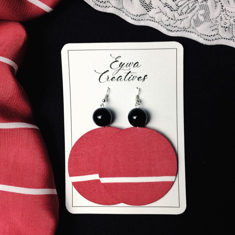 Statement Earrings Chic Earrings Hoop Earrings Circle Fabric Earrings dark orange with a white stripe and a black bead