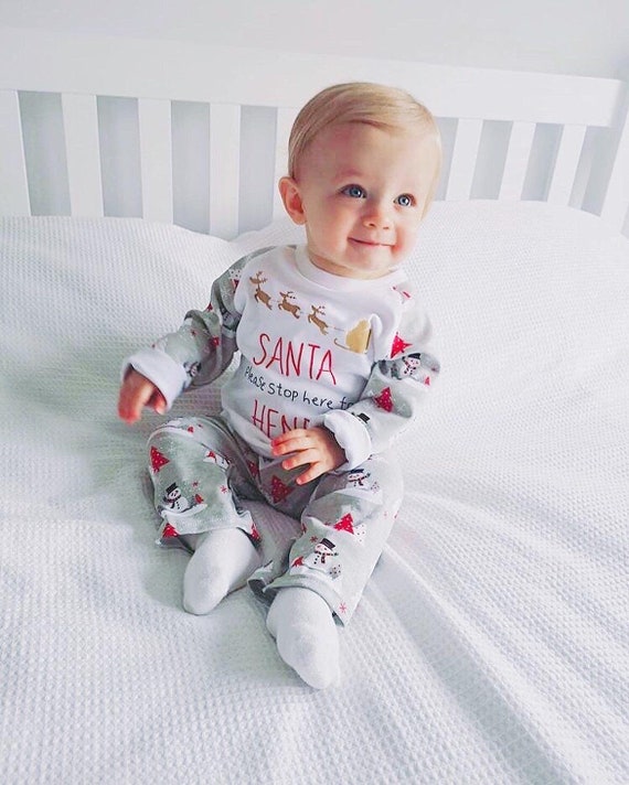 Personalised Baby And Kids Christmas Santa Stop Here Pyjamas Etsy Uk
