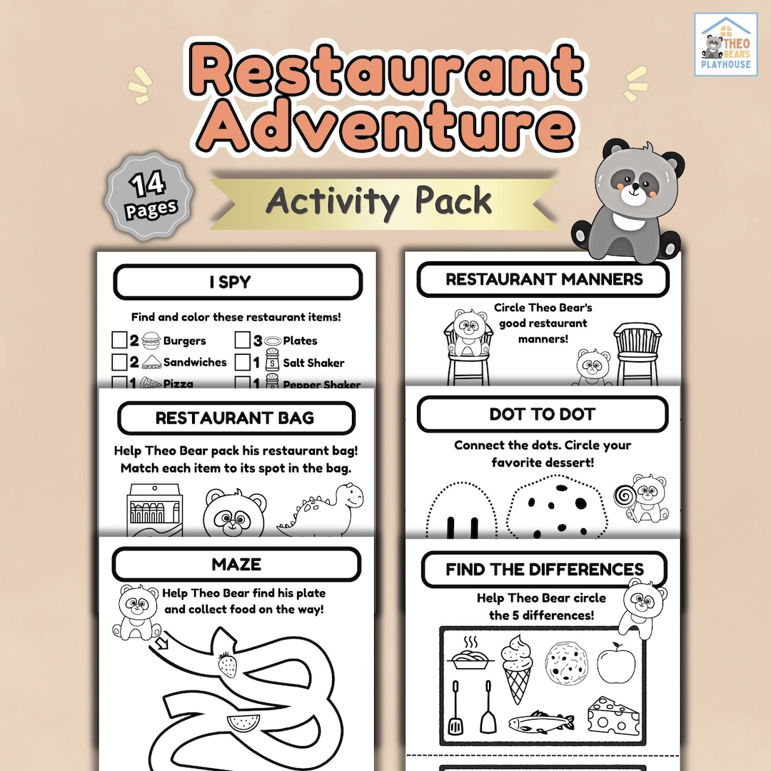 Kids Restaurant Activity Pack Printable – Toddler Travel Games ...