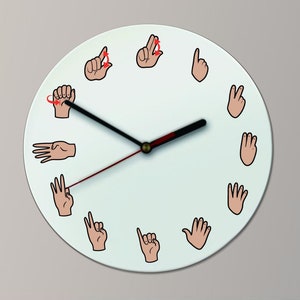 Pu&ograve; includere: Un orologio bianco con lancette nere e una lancetta dei secondi rossa. Il quadrante dell'orologio presenta diversi gesti delle mani che rappresentano i numeri da 1 a 12.
