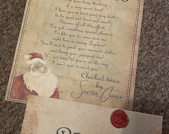 May include: A vintage-style letter from Santa Claus addressed to Brodie. The letter is written on parchment paper with a red wax seal and a Santa Claus illustration. The letter includes a message from Santa Claus about a secret treat and a visit to Lapland.