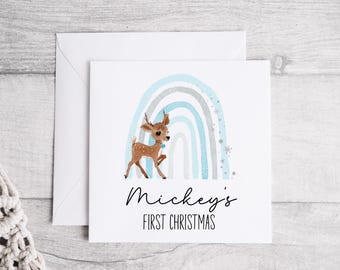 Personalized Baby's First Christmas Card, Reindeer, 6x6 Linen Card