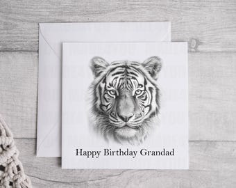 Personalized Tiger Birthday Card, Black and White Animal, Linen Card