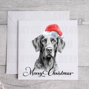May include: A black and white illustration of a dog wearing a red Santa hat. The dog is looking at the viewer. The text "Merry Christmas" is written below the dog.