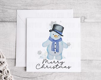 Personalized Snowman Christmas Card, Linen Card