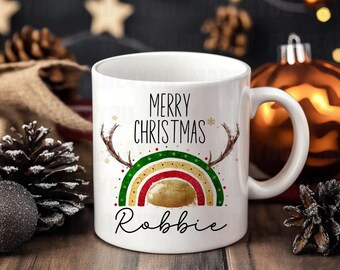 Personalized Christmas Rainbow Mug: Hot Chocolate Cup, Reindeer Gift