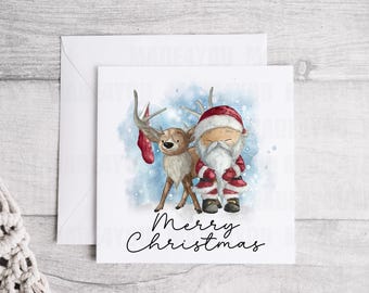 Personalised Santa and Reindeer Linen Christmas Card