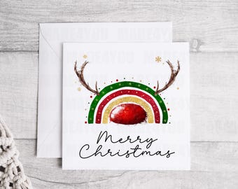 Personalised Reindeer Christmas Card, Rainbow Xmas Card