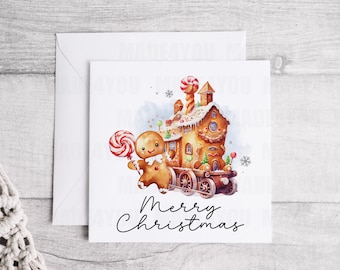 Personalized Gingerbread House Christmas Card, Linen Xmas Card
