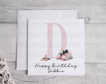 Personalised Make Up Birthday Card, Linen Greeting Card, Named Beauty Gift