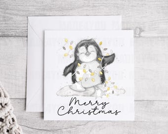 Personalized Penguin Christmas Card, Linen Card