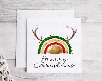 Personalized Reindeer Rainbow Christmas Card, Linen Card