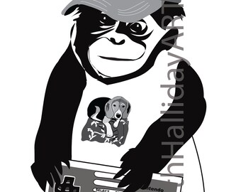 Pookie Chimp Chimpanzee Playing Nintendo Digital Art Print ElizabethHallidayART Modern American Art Gift