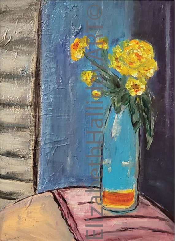Yellow Flowers in Blue Vase Etsy