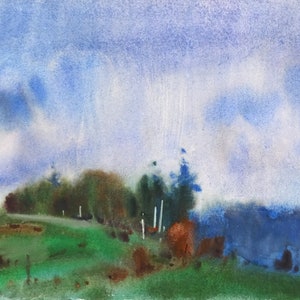 Original watercolor painting, Meadow autumn mountain landscape, Original Art, Home decor, Artwork wildflowers Forest landscape, Rainy sky