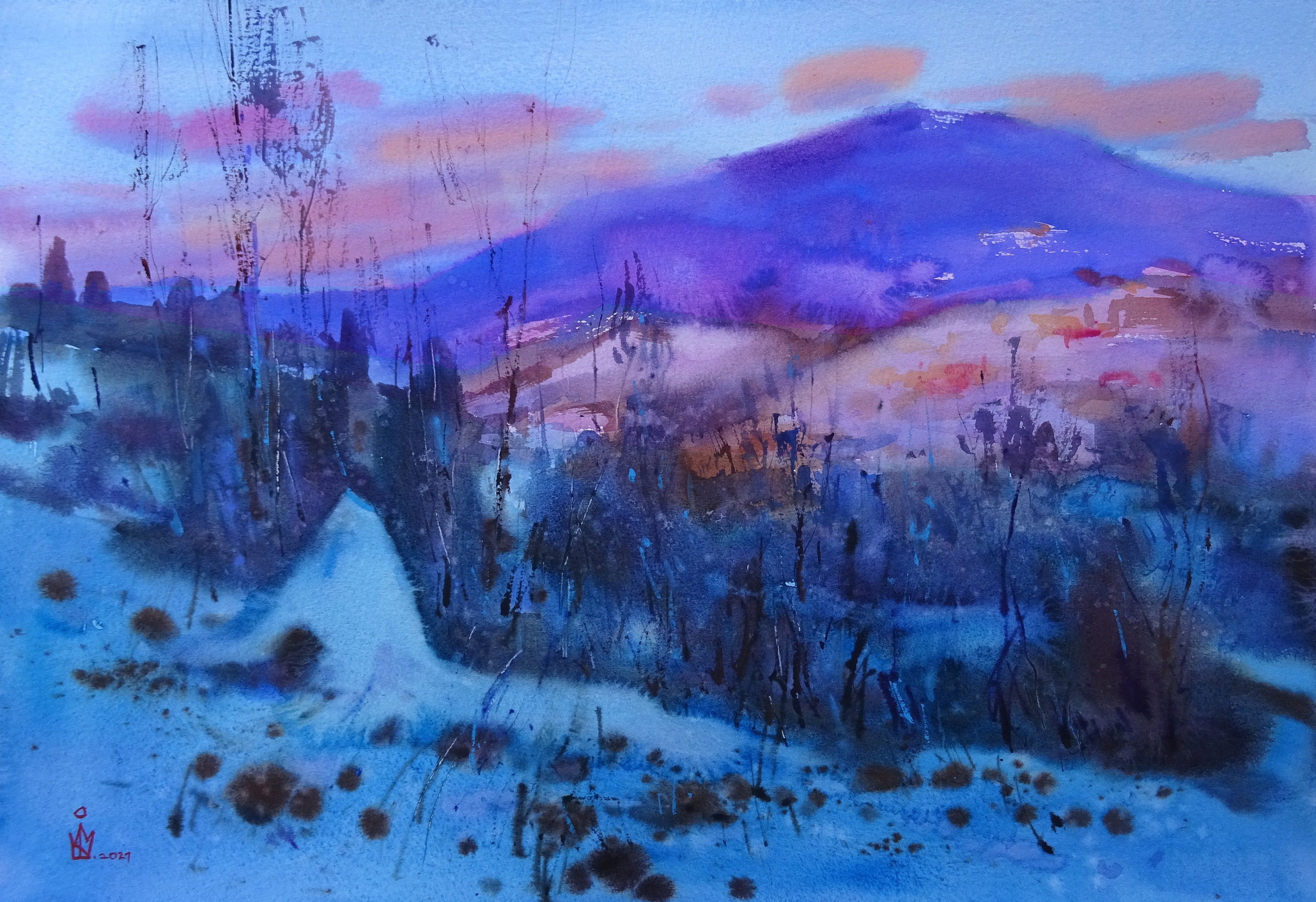 Original watercolor painting, Sunset landscape in the winter mountains, Wall art Plein air, Artwork living room, Modern farmhouse decor