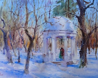 Original watercolor painting, Sunny winter park, Winter original landscape, Winter sun, Watercolor landscape wall art, Realistic artwork