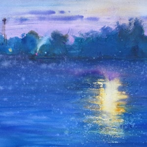 Peinture à l’aquarelle originale, Coucher de soleil sur le lac, Art original, Aquarelle paysager art mural, Art Home, Décoration de maison du lac, Œuvres d’art réalistes